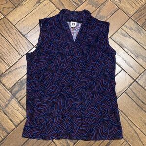 Anne Klein Navy and Burgundy Leaf Print Blouse